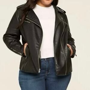 Lane Bryant Vegan Faux Leather Moto Biker Jacket Knit Sleeve Insets Size 14/16